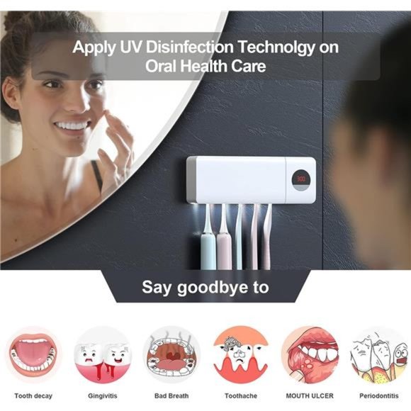 UV Toothbrush Sanitizer Holder, Sterilization & Timing Functions, Rechargeable